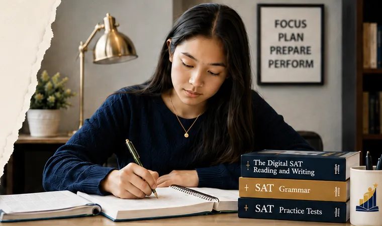 Student practicing Digital SAT Reading and Writing with SAT prep books